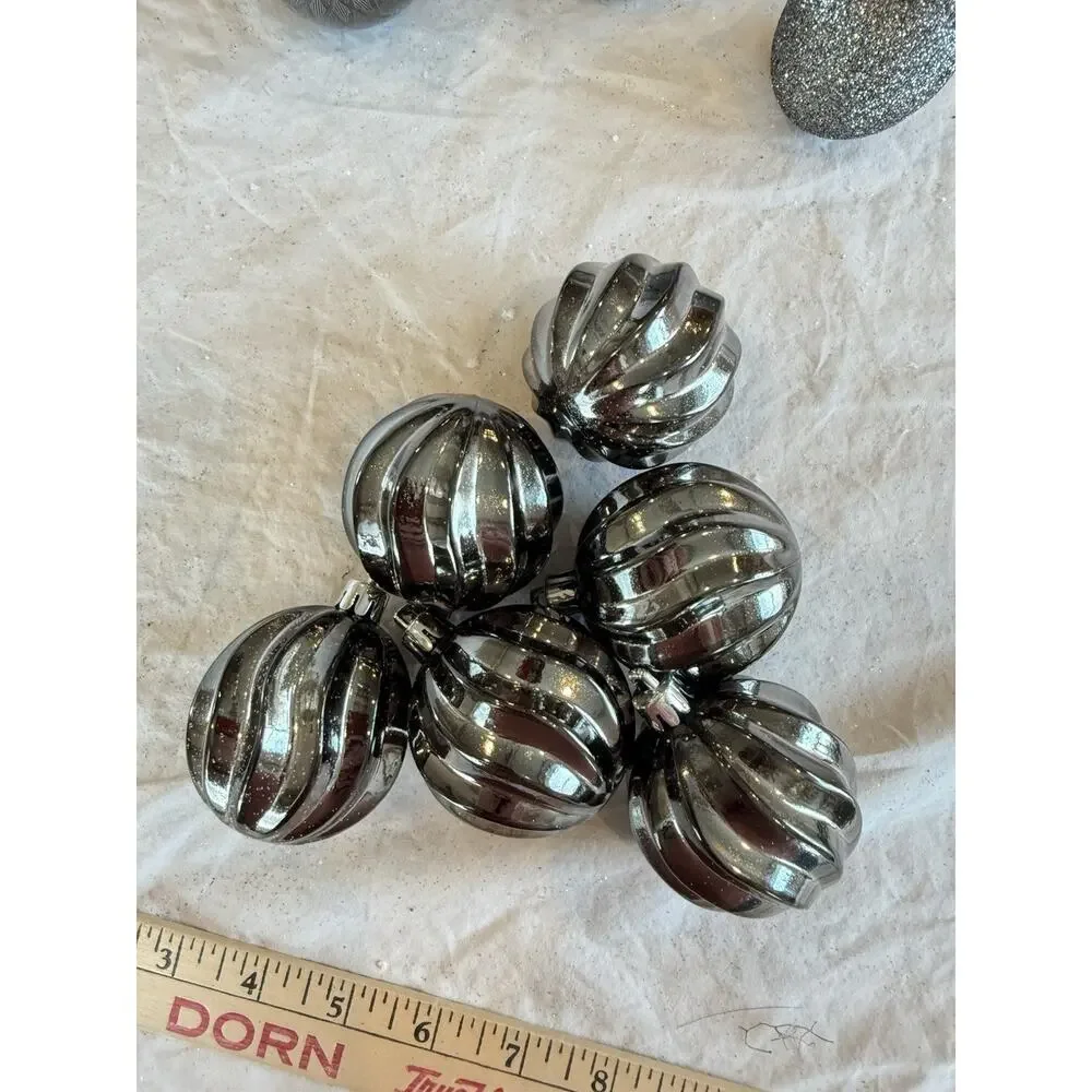 Set of 18 Pewter Color Shatter Proof Ornaments 3 Styles 6/Glitter 12/Shiny 2.25